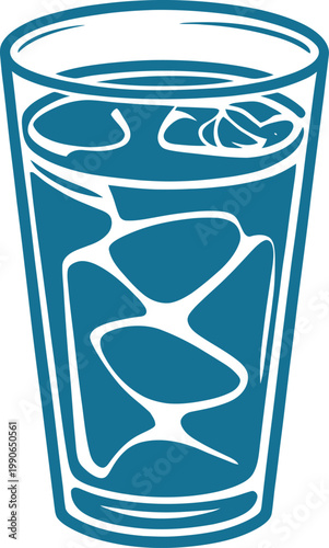 Blue glass of ice water with ice cubes and straw