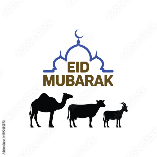 Eid mubarak muslim festival greetings and mosque with crescent moon with camel cow goat sacrifice animals for eid al-adha celebration.