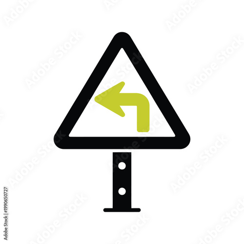 Left turn traffic warning sign icon vector illustration isolated on transparent background for street safety information design.