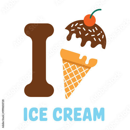 Letter i ice cream cone dessert illustration sweet food with cherry on top and wafer cone.