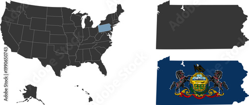 Pennsylvania state of USA. Pennsylvania flag and territory. States of America territory on white background. Separate states. Vector