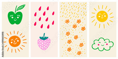 Whimsical illustrations of fruits suns clouds and floral patterns on pastel backgrounds
