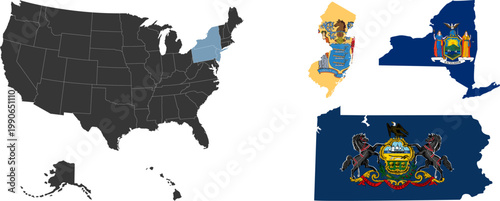Northeast region. Middle Atlantic: New Jersey, New York State, Pennsylvania. States of America territory. Separate states. Vector
