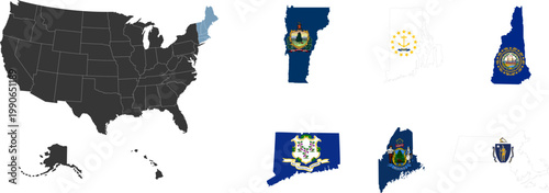 Northeast region. New England: Connecticut, Maine, Massachusetts, New Hampshire, Rhode Island, Vermont. States of America territory. Separate states. Vector