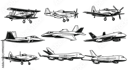 Historical and Modern Aircraft Evolution Aviation Vector Set