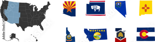West region. Mountain states: Arizona, Colorado, Idaho, Montana, Nevada, New Mexico, Utah, Wyoming. States of America territory. Separate states. Vector