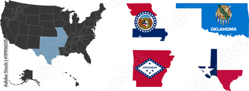 South region. West South Central: Arkansas, Louisiana, Oklahoma, Texas. States of America territory. Separate states. Vector