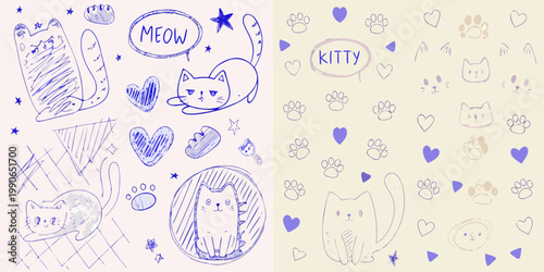 Whimsical hand drawn cats paw prints and hearts on a pastel background