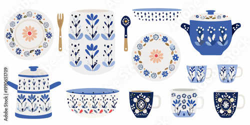 Collection of blue and white patterned ceramic dinnerware and serving pieces