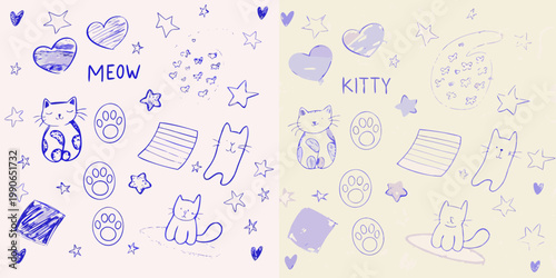 Whimsical sketches of cats paw prints and stars on a pastel background