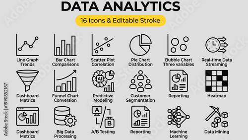 Collection of data analytics icons representing various statistical analysis and business intelligence concepts for digital presentation