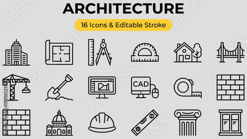 Collection of detailed line art icons representing architecture construction and design elements on a neutral background for creative projects