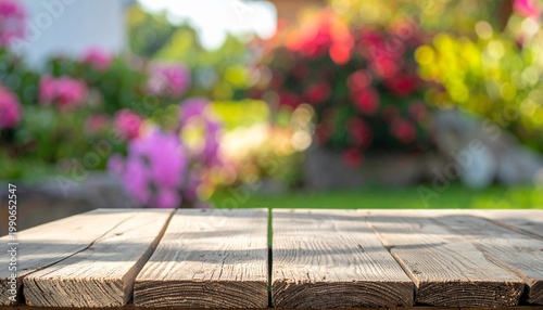 Wooden surface with garden backdrop symbolizing natural texture, warmth, and outdoor harmony