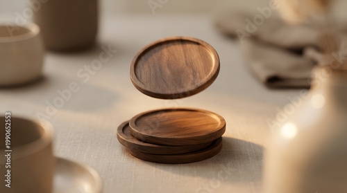 Stacked Wooden Coasters with Lid on Light Surface with Ceramic Mugs and Decor Items