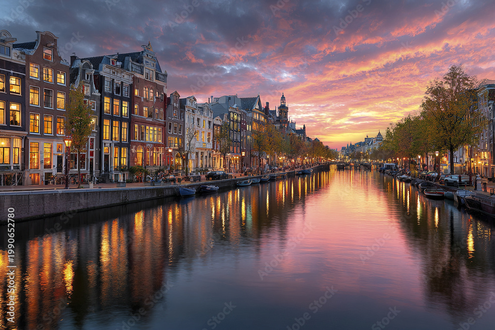 Naklejka premium Amsterdam canal sunset reflection, traditional narrow houses, autumn trees lining waterway, vibrant sky with colorful clouds, peaceful cityscape with boats docked along canal