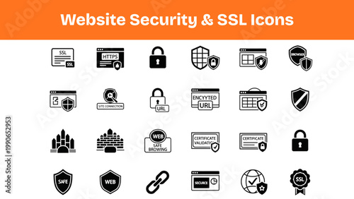 Website Security Silhouette Icons Set – SSL Certificate & Secure Connection Pack