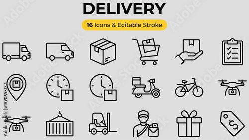 Collection of diverse logistic and delivery service icons representing various transportation methods and shipping elements for modern business and commerce