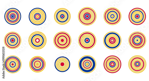 A grid of 15 colorful circular targets with varying color combinations