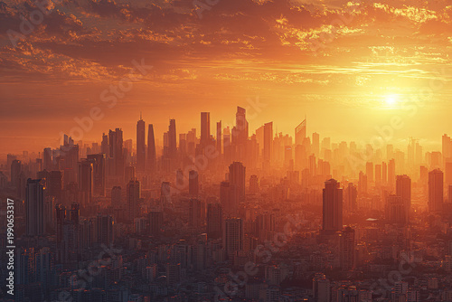 Wide futuristic city skyline at sunrise with glowing buildings and warm orange sky, creating dramatic and inspiring urban atmosphere filled with tall skyscrapers and dense architecture
