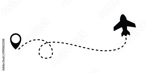 Airplane line path icon of air plane flight route dash line trace with start point. Simple airplane travel line path with map pins. Airplane dashed route path.