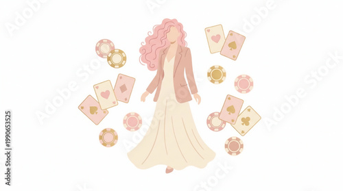 Illustration of a fashionable woman surrounded by playing cards and casino chips