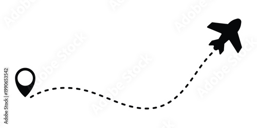 Airplane line path icon of air plane flight route dash line trace with start point. Simple airplane travel line path with map pins. Airplane dashed route path.