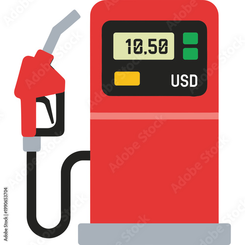 Gas pump displays price at fuel station with nozzle attached.