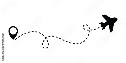 Airplane line path icon of air plane flight route dash line trace with start point. Simple airplane travel line path with map pins. Airplane dashed route path.