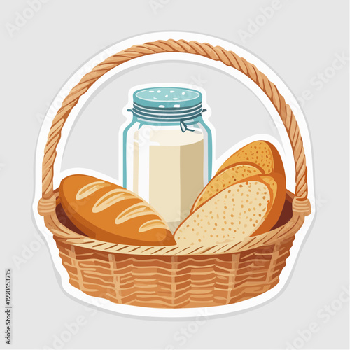 Wicker basket with bread and milk jar