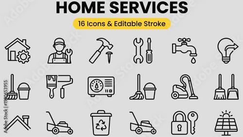 Collection of home service icons representing various household maintenance and repair tasks and tools