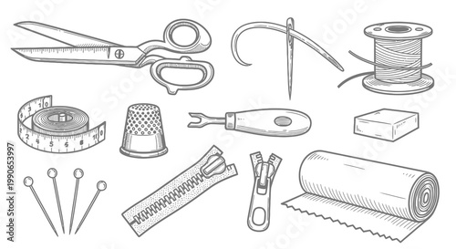 Sewing Kit and Professional Tailoring Equipment Vector Illustrations