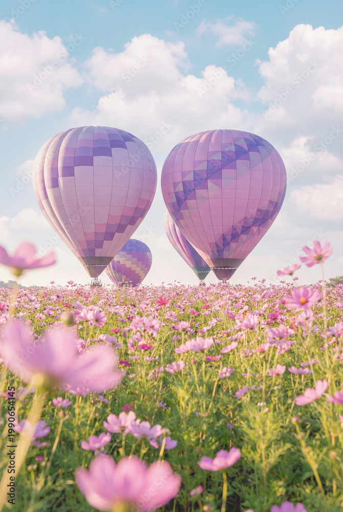 Obraz premium Dreamy hot air balloons floating over a vibrant pink cosmos flower field under a soft blue sky.