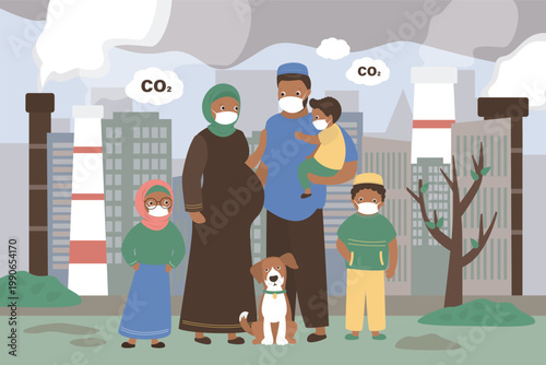 Arabic parents with children standing in smog. Group of muslim people wearing masks for air pollution fumes protection against respiratory problems. Dirty industry