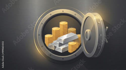 Gold Coins and Silver Bars Inside Open Vault.