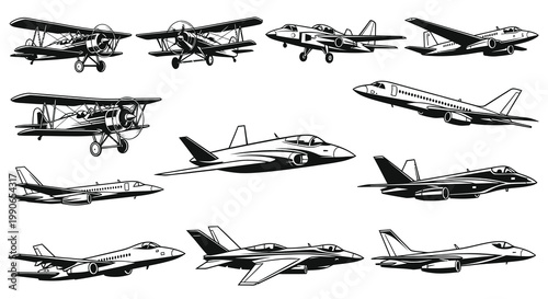 Vintage and Modern Aircraft Vector Illustrations Set