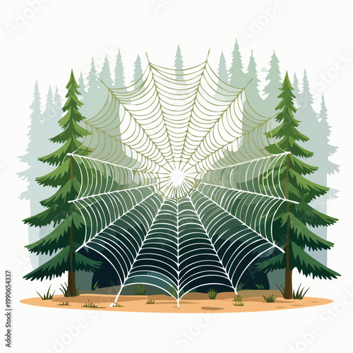 Spiderweb in forest clearing vector illustration for nature and wildlife concepts