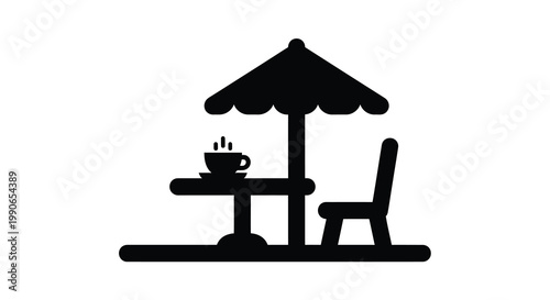 A simple outdoor cafe setting with a table chair and umbrella silhouette