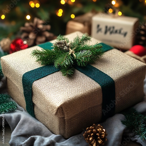 Rustic Christmas gift wrapped in burlap, adorned with evergreen sprig and dark ribbon