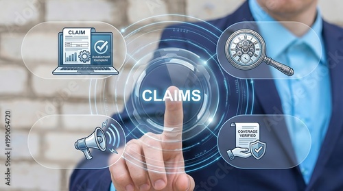Business man working on virtual touch screen presses word: CLAIMS. Claims Management Business Department Concept. Registration claim document.