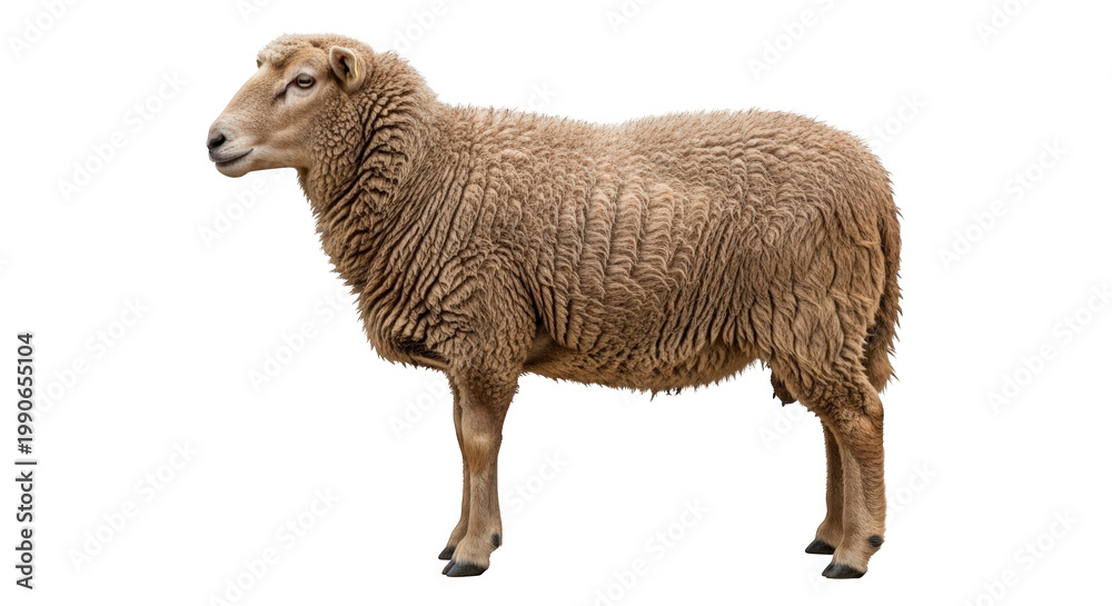 Obraz premium A sheep stands isolated against a black background, showcasing its woolly coat and gentle demeanor.