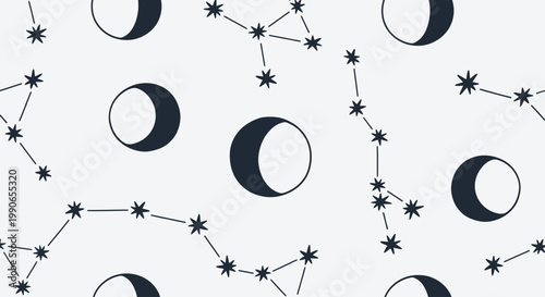 Celestial pattern of dark constellations and moon phases against a white background