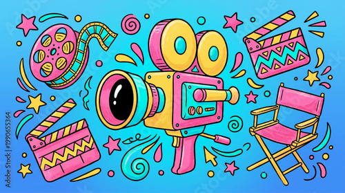 Retro Movie Camera and Film Production Elements Illustration.