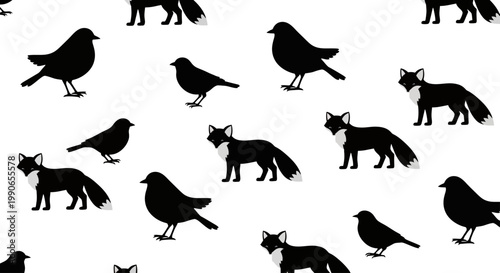 Black silhouette foxes and birds scattered across a white background