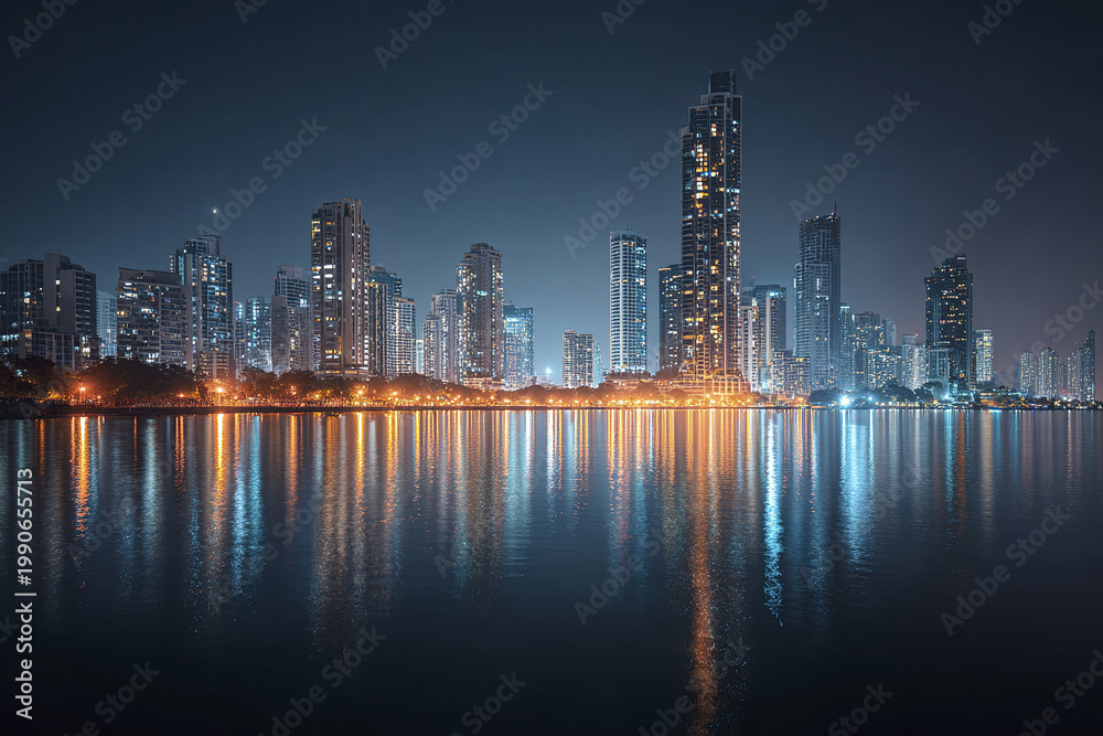 Fototapeta premium Modern city skyline at night with illuminated skyscraper buildings reflecting on calm water, creating peaceful and vibrant urban atmosphere under clear sky