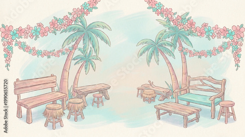Tropical Beachside Seating Area with Palm Trees.