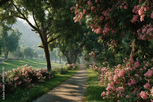 Peaceful Pathway Lined With Blooming Pink Roses And Lush Green Trees Bathed In Golden Morning Sunlight