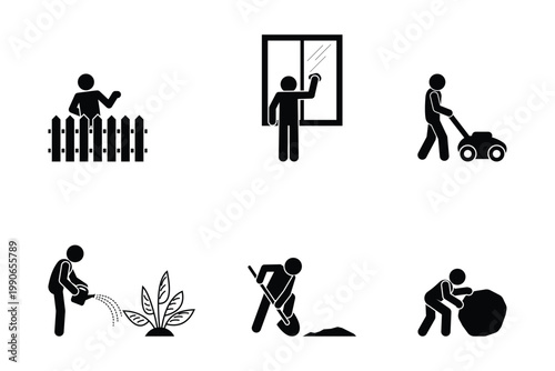 Black stickman set doing chores: cleaning window, mowing lawn, watering plants, digging, pushing rock, standing by fence, minimal vector isolated on transparent background