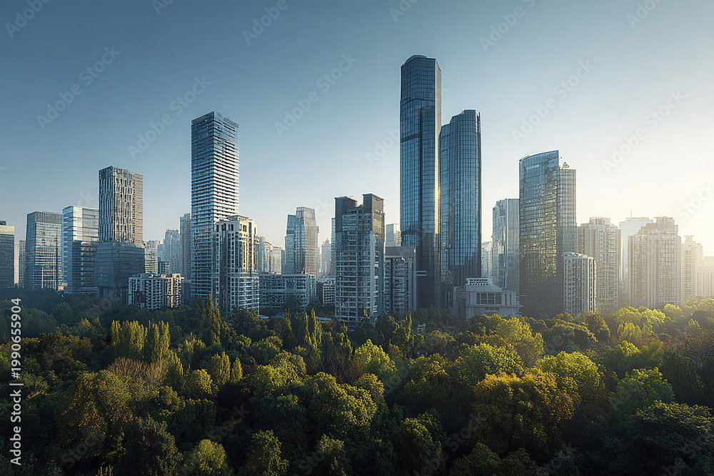 Obraz premium Modern city skyline with tall glass skyscraper buildings and lush green forest in foreground under clear blue sky during daytime