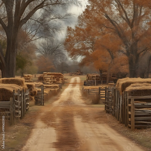 Rustic country lane lined with hay bales and wooden fences, autumnal hues