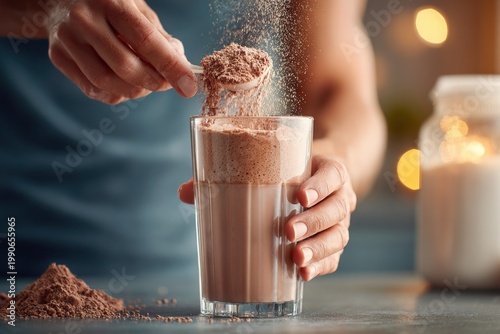 Person Preparing Chocolate Protein Shake Pouring Powder Into Glass With Milk
